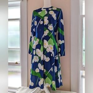 Vintage 1960's A-line long sleeve dress blue green white floral high neckline Lg